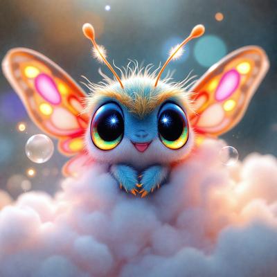 The primary subject of the image is a cute, colorful butterfly with blue wings and a yellow body. It is sitting on a cloud, which serves as the setting or background of the image. The visual style of the image is digital art, as it is a well-crafted and detailed illustration. The dominant colors in the image are blue, yellow, and white, creating a cheerful and lively atmosphere.